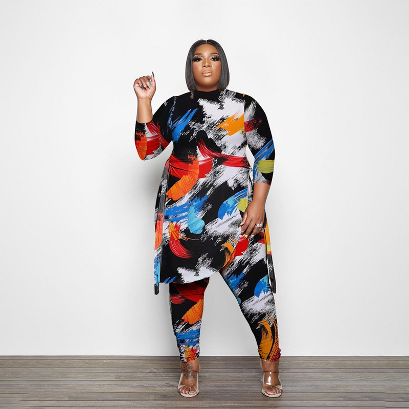 5XL pluss suurus Colorfull Printed Y2K pikkade varrukatega O Neck Crop T-särk+pükste dressidress, naine, 2tk Casual komplekt