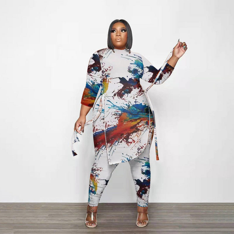 5XL pluss suurus Colorfull Printed Y2K pikkade varrukatega O Neck Crop T-särk+pükste dressidress, naine, 2tk Casual komplekt