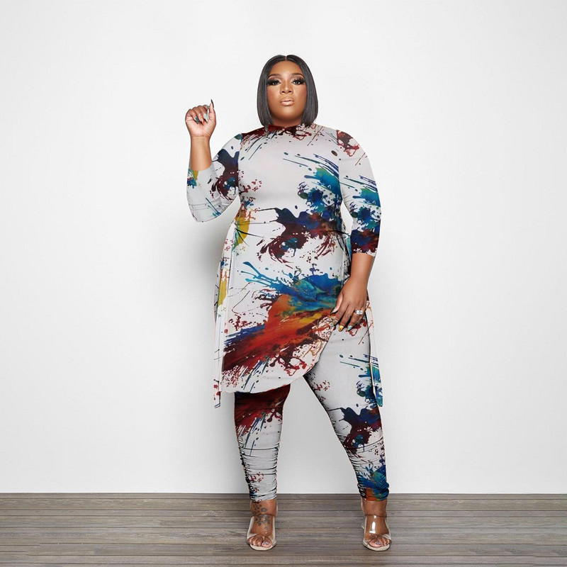 5XL pluss suurus Colorfull Printed Y2K pikkade varrukatega O Neck Crop T-särk+pükste dressidress, naine, 2tk Casual komplekt