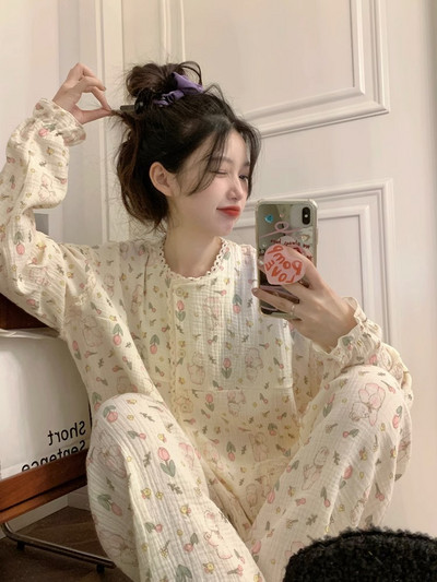 Γυναικείες Πυτζάμες Νέα Φθινοπωρινή Ανοιξιάτικη Μακρυμάνικη Σετ Πυτζάμες Ριγέ καρτούν πιτζάμα Γυναικεία Σπίτι Νυχτικά Σετ Ζακέτα