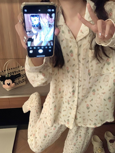 Γυναικείες Πυτζάμες Νέα Φθινοπωρινή Ανοιξιάτικη Μακρυμάνικη Σετ Πυτζάμες Ριγέ καρτούν πιτζάμα Γυναικεία Σπίτι Νυχτικά Σετ Ζακέτα