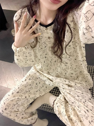 Γυναικείες Πυτζάμες Νέα Φθινοπωρινή Ανοιξιάτικη Μακρυμάνικη Σετ Πυτζάμες Ριγέ καρτούν πιτζάμα Γυναικεία Σπίτι Νυχτικά Σετ Ζακέτα