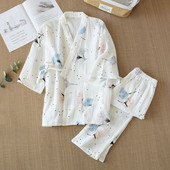 Pijamale pentru femei, primăvară și vară, din fire de bumbac pur, kimono, pijamale pentru femei, 2 piese, pijama cu decolteu în V, pijama pentru femei, îmbrăcăminte de relaxare