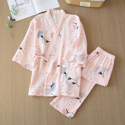 Pijamale pentru femei, primăvară și vară, din fire de bumbac pur, kimono, pijamale pentru femei, 2 piese, pijama cu decolteu în V, pijama pentru femei, îmbrăcăminte de relaxare