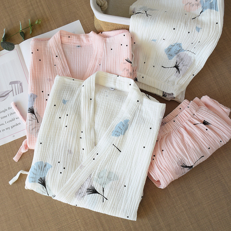 Pijamale pentru femei, primăvară și vară, din fire de bumbac pur, kimono, pijamale pentru femei, 2 piese, pijama cu decolteu în V, pijama pentru femei, îmbrăcăminte de relaxare