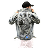 Ιαπωνικά τζιν μπουφάν για άνδρες του δρόμου Starry Sky αστροναύτης γκράφιτι ρετρό φαρδύ μπουφάν με στάμπα σπασμένα παλτά