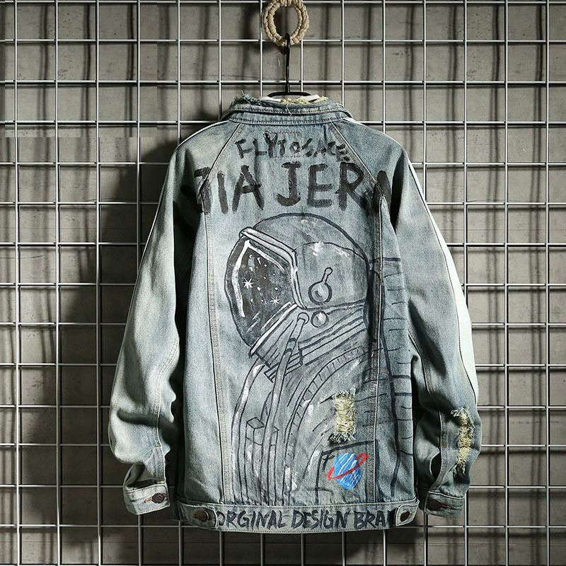 Ιαπωνικά τζιν μπουφάν για άνδρες του δρόμου Starry Sky αστροναύτης γκράφιτι ρετρό φαρδύ μπουφάν με στάμπα σπασμένα παλτά