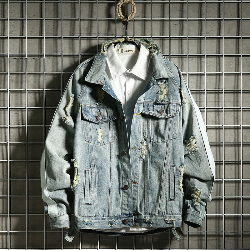 Ιαπωνικά τζιν μπουφάν για άνδρες του δρόμου Starry Sky αστροναύτης γκράφιτι ρετρό φαρδύ μπουφάν με στάμπα σπασμένα παλτά