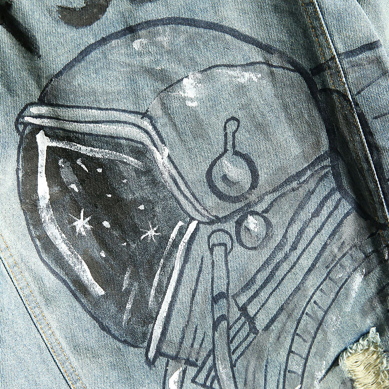 Ιαπωνικά τζιν μπουφάν για άνδρες του δρόμου Starry Sky αστροναύτης γκράφιτι ρετρό φαρδύ μπουφάν με στάμπα σπασμένα παλτά