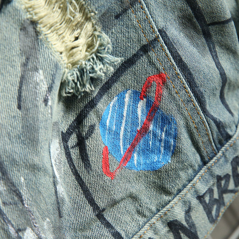 Ιαπωνικά τζιν μπουφάν για άνδρες του δρόμου Starry Sky αστροναύτης γκράφιτι ρετρό φαρδύ μπουφάν με στάμπα σπασμένα παλτά