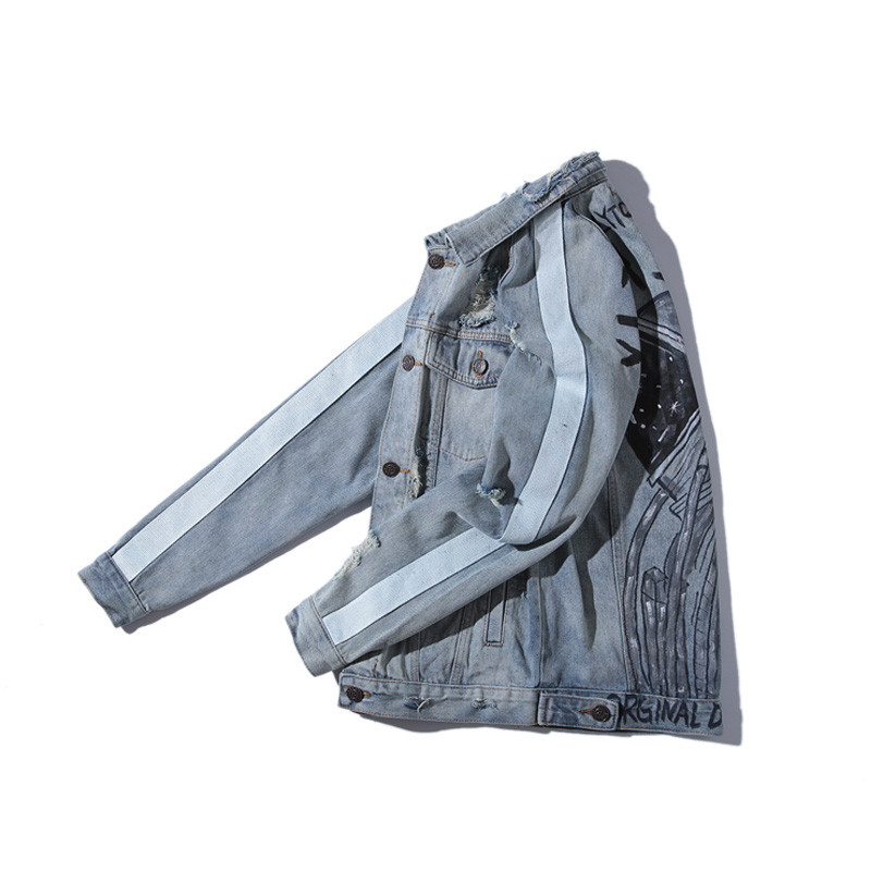 Ιαπωνικά τζιν μπουφάν για άνδρες του δρόμου Starry Sky αστροναύτης γκράφιτι ρετρό φαρδύ μπουφάν με στάμπα σπασμένα παλτά