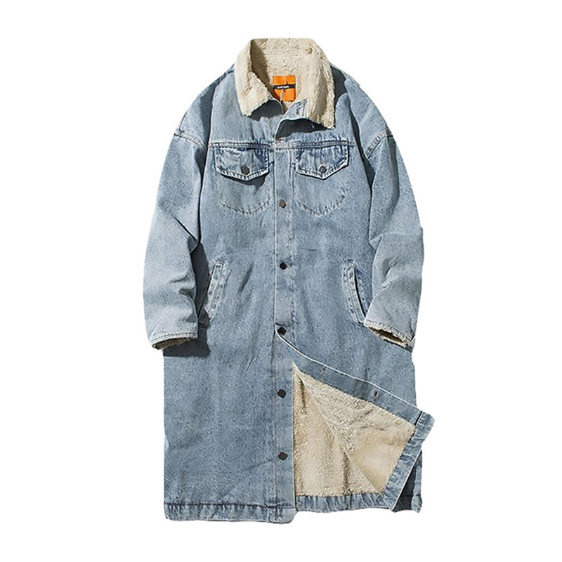 1,8 kg! Bărbați groasă iarnă Parka lungă jachetă denim fleece blugi cu fermoar manșetă paltoane pentru bărbați supradimensionate cașmir streetwear 2023