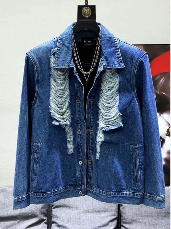 Design cu găuri răzuite și rupte de mulțime PFHQ, jachete din denim pentru umăr, haină lejeră și la modă, versatilă la modă pentru bărbați 21F3107