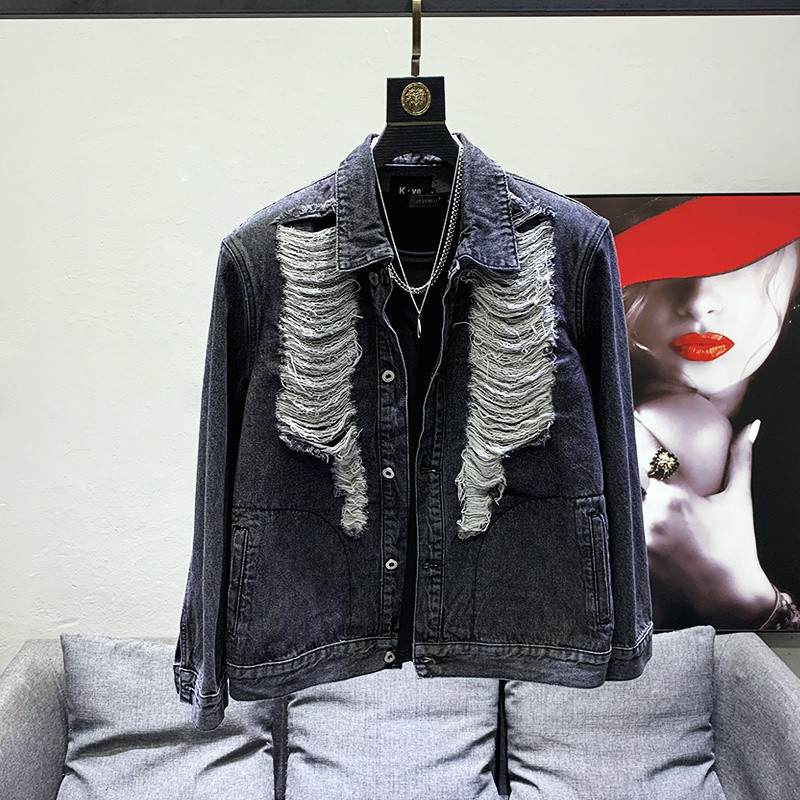 Design cu găuri răzuite și rupte de mulțime PFHQ, jachete din denim pentru umăr, haină lejeră și la modă, versatilă la modă pentru bărbați 21F3107
