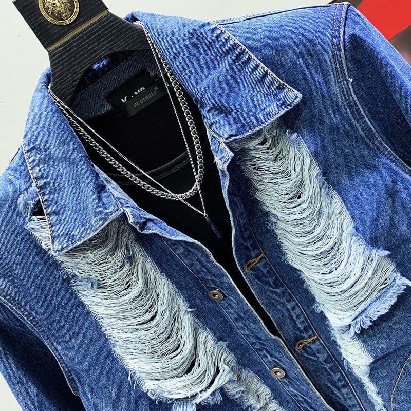Design cu găuri răzuite și rupte de mulțime PFHQ, jachete din denim pentru umăr, haină lejeră și la modă, versatilă la modă pentru bărbați 21F3107
