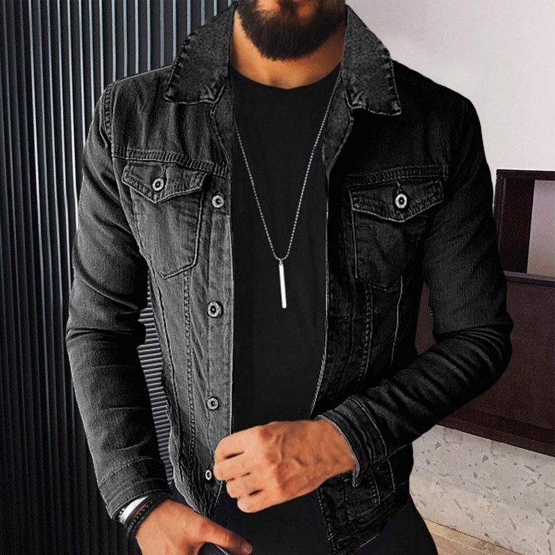 Ανδρικό τζιν παλτό μονόχρωμο μακρυμάνικο γυριστό γιακά Φθινοπωρινό τζιν παλτό για αναρρίχηση