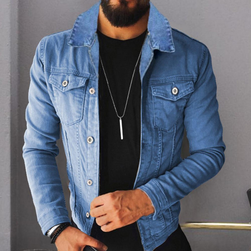 Ανδρικό τζιν παλτό μονόχρωμο μακρυμάνικο γυριστό γιακά Φθινοπωρινό τζιν παλτό για αναρρίχηση