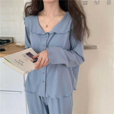 Дамска пижама Pyjama Pour Femme Едноцветна пижама с тъмна яка и семпъл стил Домашно облекло Стая Лятна вечер Домашен костюм