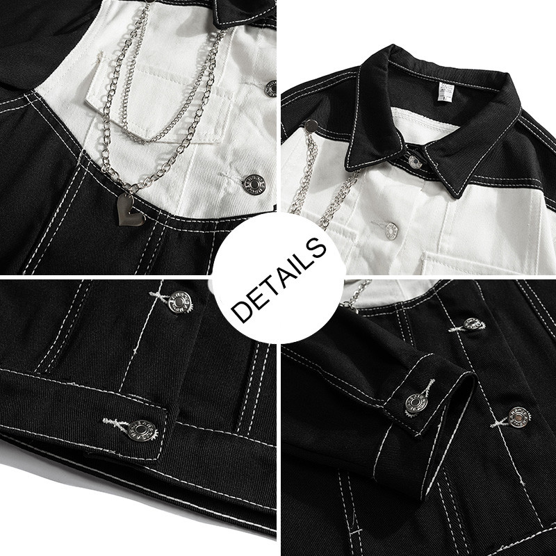 Värvi blokeeriv teksajakk 2023. aasta sügistalvine must valge revääriga teksad mantel Meeste isikupärastatud tänavamootorratta jope