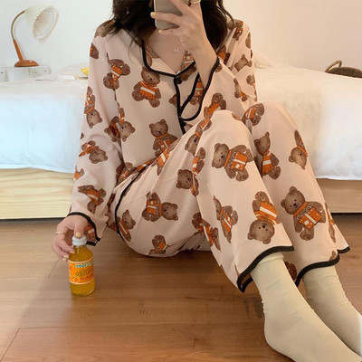 Γυναικεία Σετ Πυτζάμες Μεταξωτές Σατέν Πυτζάμες Μονόχρωμες Πυζάμες Casual Άνετο Σπίτι Γυναικείο Κοστούμι δύο τεμαχίων μακρυμάνικο παντελόνι Νυχτικά