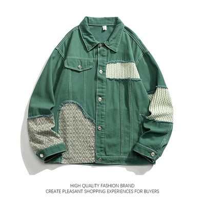 Splice teksajakk, meeste Hongkongi stiil retro trendi teksad mantel High Street Niche vintage lapitööd, kulunud jope, toores servas tutid