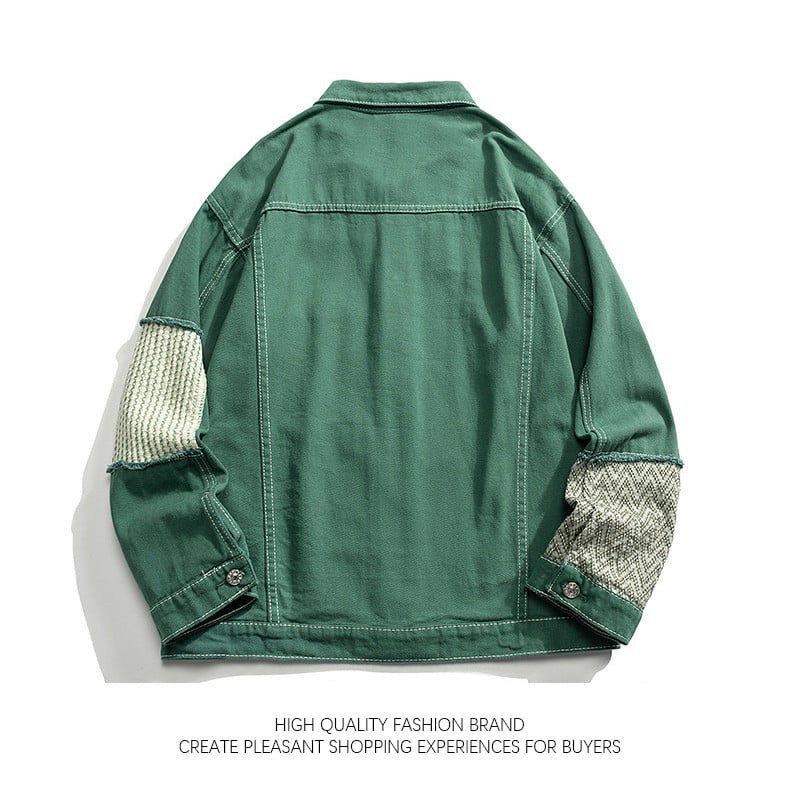 Splice teksajakk, meeste Hongkongi stiil retro trendi teksad mantel High Street Niche vintage lapitööd, kulunud jope, toores servas tutid