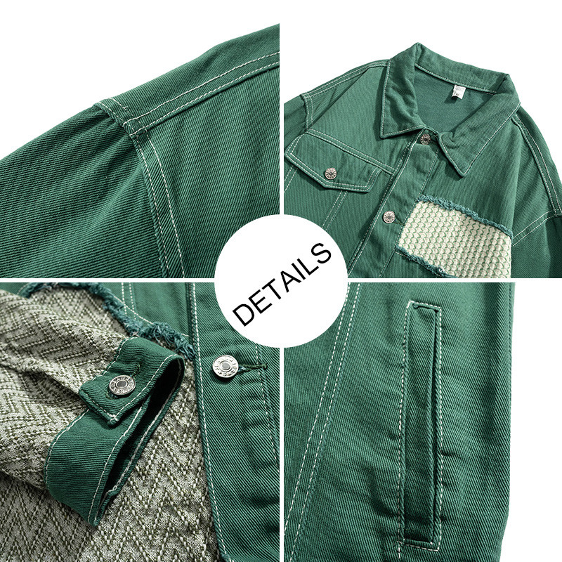 Splice teksajakk, meeste Hongkongi stiil retro trendi teksad mantel High Street Niche vintage lapitööd, kulunud jope, toores servas tutid