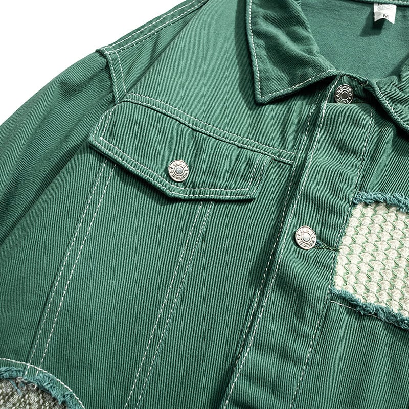 Splice teksajakk, meeste Hongkongi stiil retro trendi teksad mantel High Street Niche vintage lapitööd, kulunud jope, toores servas tutid