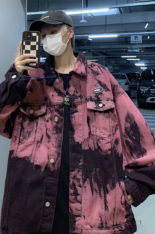 Ανδρικό τζιν μπουφάν αμερικανικού χιπ χοπ Color-blocking, βαμμένο με γραβάτα, τζιν, ανοιξιάτικο και φθινοπωρινό παλτό