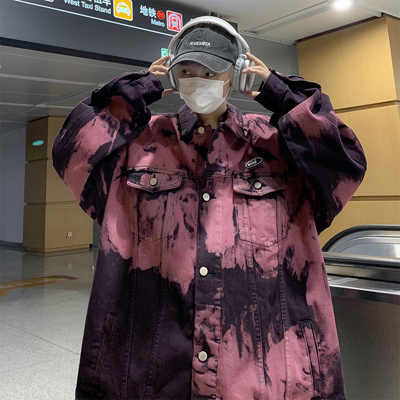 Ανδρικό τζιν μπουφάν αμερικανικού χιπ χοπ Color-blocking, βαμμένο με γραβάτα, τζιν, ανοιξιάτικο και φθινοπωρινό παλτό