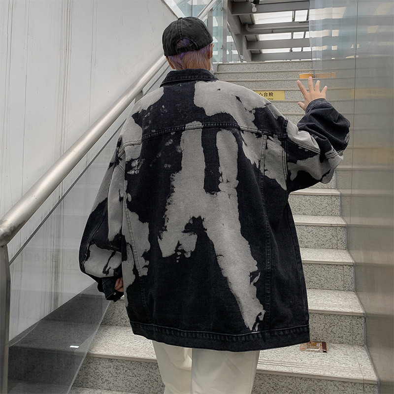 Ανδρικό τζιν μπουφάν αμερικανικού χιπ χοπ Color-blocking, βαμμένο με γραβάτα, τζιν, ανοιξιάτικο και φθινοπωρινό παλτό