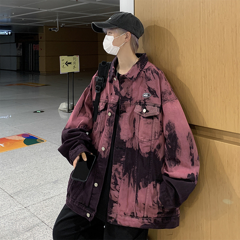 Ανδρικό τζιν μπουφάν αμερικανικού χιπ χοπ Color-blocking, βαμμένο με γραβάτα, τζιν, ανοιξιάτικο και φθινοπωρινό παλτό