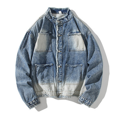 Rozstrapkaná džínsová bunda, nadrozmerná džínsová bunda pre mužov, jeseň a zima, ležérne oblečenie, kabáty s náprsnými vreckami, streetwear