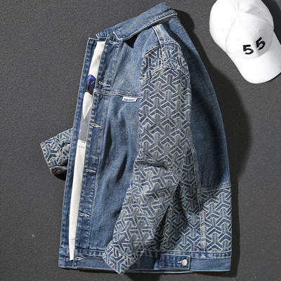 Jachetă de blugi pentru bărbați, modele geometrice, jachete din denim, toamnă, noua modă japoneză, cu guler pătrat, jachetă casual