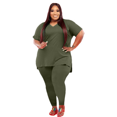 HLJ&GG Casual Φόρμες ασορτί μονόχρωμες Γυναικείες φόρμες συν μέγεθος V λαιμόκοψη κοντομάνικο μπλουζάκι και στενό παντελόνι Σύνολο δύο τεμαχίων