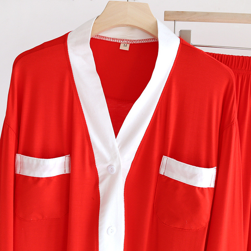 Pijamale noi de primăvară și vară pentru damă, pantaloni cu mânecă lungă, din două piese, modal, roșu, cu decolteu în V, set de 2 piese pentru femei.