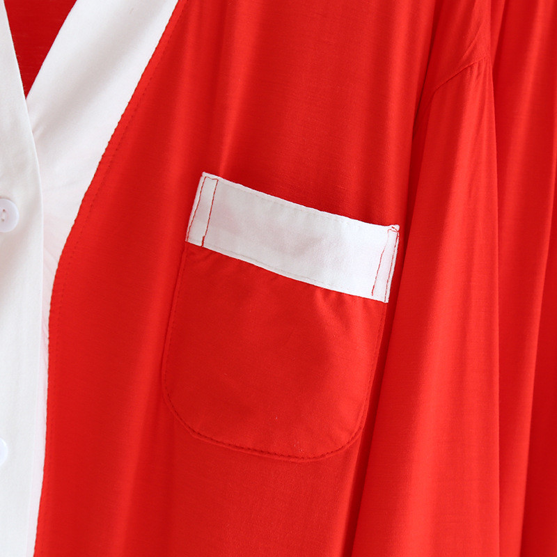 Pijamale noi de primăvară și vară pentru damă, pantaloni cu mânecă lungă, din două piese, modal, roșu, cu decolteu în V, set de 2 piese pentru femei.