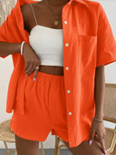 Νέο 2 τεμάχια κοντό σετ Γυναικεία υπνοδωμάτια Μακρυμάνικο πουκάμισο + σορτς λινό Γυναικεία σέξι μονόχρωμα κοστούμια casual γυναικεία ενδύματα σπιτιού