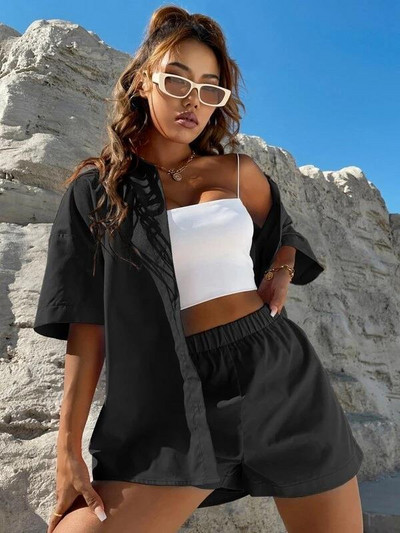 Νέο 2 τεμάχια κοντό σετ Γυναικεία υπνοδωμάτια Μακρυμάνικο πουκάμισο + σορτς λινό Γυναικεία σέξι μονόχρωμα κοστούμια casual γυναικεία ενδύματα σπιτιού