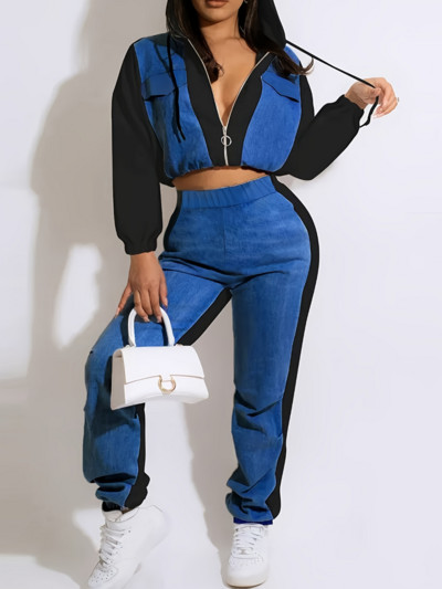 LW BASICS Autumn Plus Size Casual Μπλε με κουκούλα γιακά με φερμουάρ Crop Σχεδίαση φερμουάρ Μακρυμάνικο Σετ παντελόνι δύο τεμαχίων