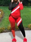 LW Plus Size Γυναικεία εμπριμέ Σετ δύο τεμαχίων Σετ παντελόνι με στρογγυλή λαιμόκοψη ριγέ συνονθύλευμα Skinny παντελόνι Casual καθημερινό αθλητικό σετ