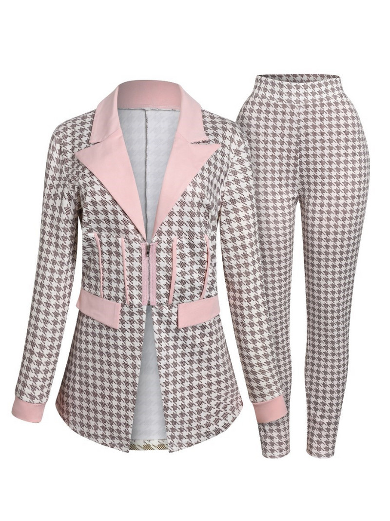 LW Plus Size Houndstooth Blazer Nohavice Set Dámske nohavice Blazers Topy Pencil Nohavice Dvojdielne Kancelárske Lady Módne Outfity Jesenné Outfity
