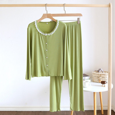Ανοιξιάτικες και καλοκαιρινές πιτζάμες νέου στυλ, μακρυμάνικο κοστούμι παντελόνι, γυναικείο Modal άνετο, δαντέλα άκρη, ρούχα για το σπίτι δύο τεμαχίων
