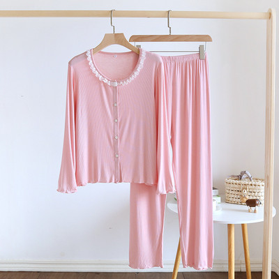 Ανοιξιάτικες και καλοκαιρινές πιτζάμες νέου στυλ, μακρυμάνικο κοστούμι παντελόνι, γυναικείο Modal άνετο, δαντέλα άκρη, ρούχα για το σπίτι δύο τεμαχίων
