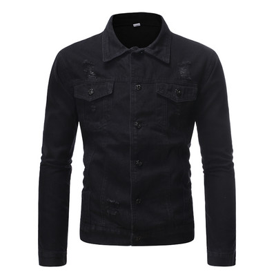 Jachetă de blugi pentru bărbați, de primăvară, toamnă, haină solidă, negru, albastru, ocazional, haină de blugi cu găuri, jachete de blugi pentru bărbați cu guler în jos
