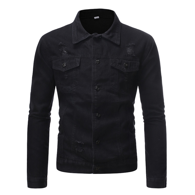 Uus kevadine sügisene meeste teksajakk jakk Soliidne must sinine vabaaja tänavarõivad Hole teksamantel Meeste teksajakid