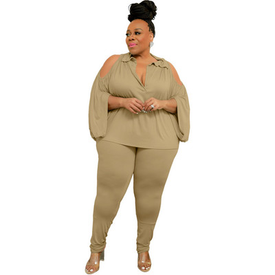Seturi din două piese de mărime mare Moda femei de culoare uni bluză casual + ținută pantaloni tricou și pantaloni Îmbrăcăminte pentru femei de dimensiuni mari