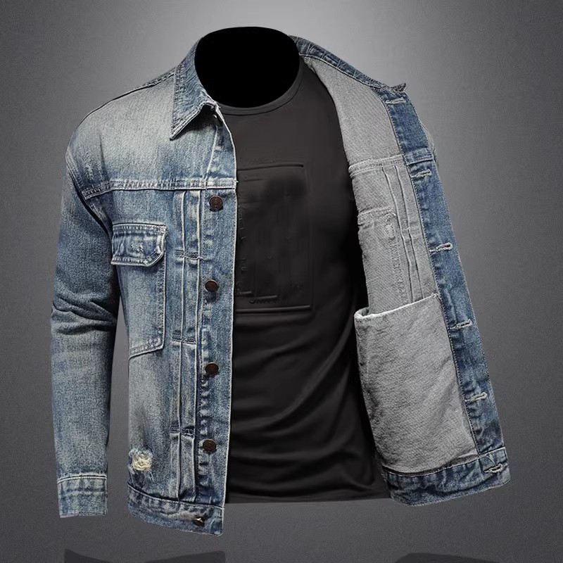 Υψηλής ποιότητας τζιν τζιν μπουφάν Ανδρικά vintage casual outerwear Ανδρική μόδα Hole Moto Biker Μονόχρωμο τζιν παλτό Άνδρας