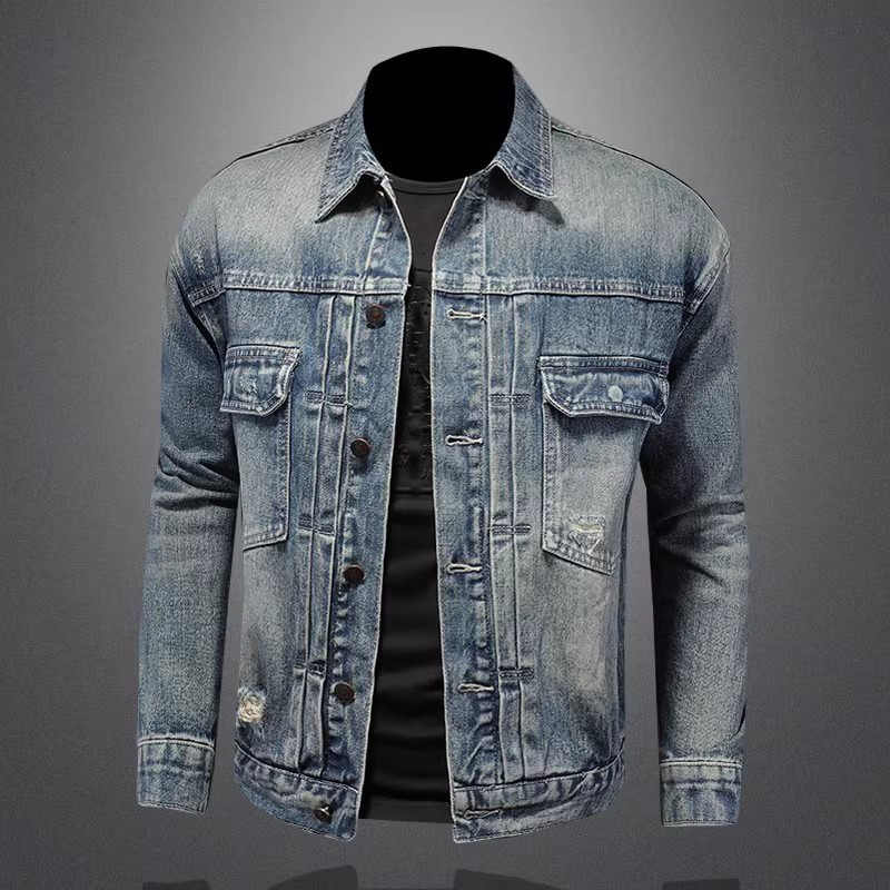 Υψηλής ποιότητας τζιν τζιν μπουφάν Ανδρικά vintage casual outerwear Ανδρική μόδα Hole Moto Biker Μονόχρωμο τζιν παλτό Άνδρας