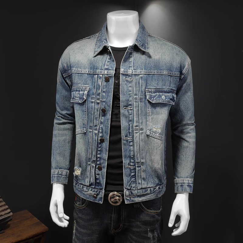 Υψηλής ποιότητας τζιν τζιν μπουφάν Ανδρικά vintage casual outerwear Ανδρική μόδα Hole Moto Biker Μονόχρωμο τζιν παλτό Άνδρας